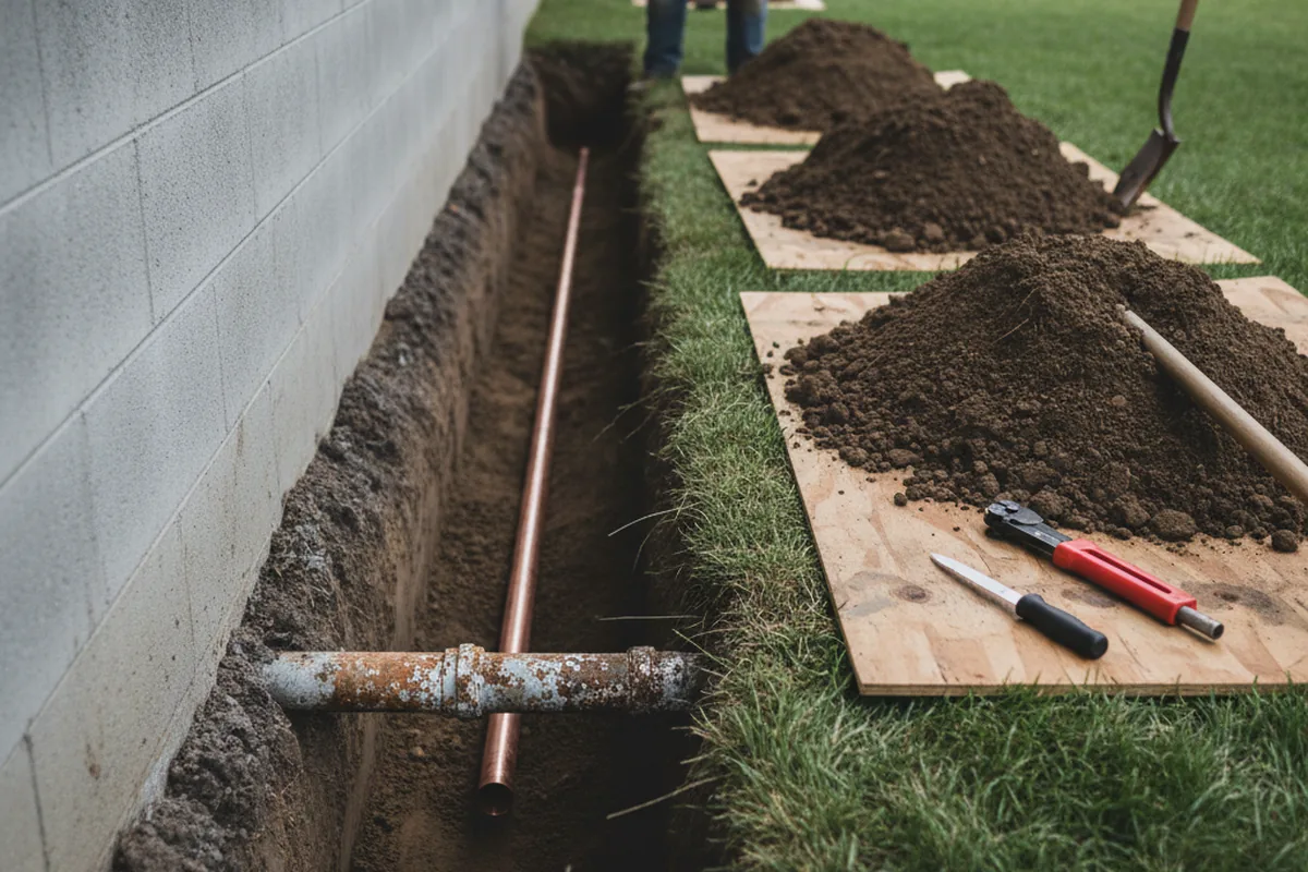 Excavated water line trench during Water Heater Repair in Morrisville